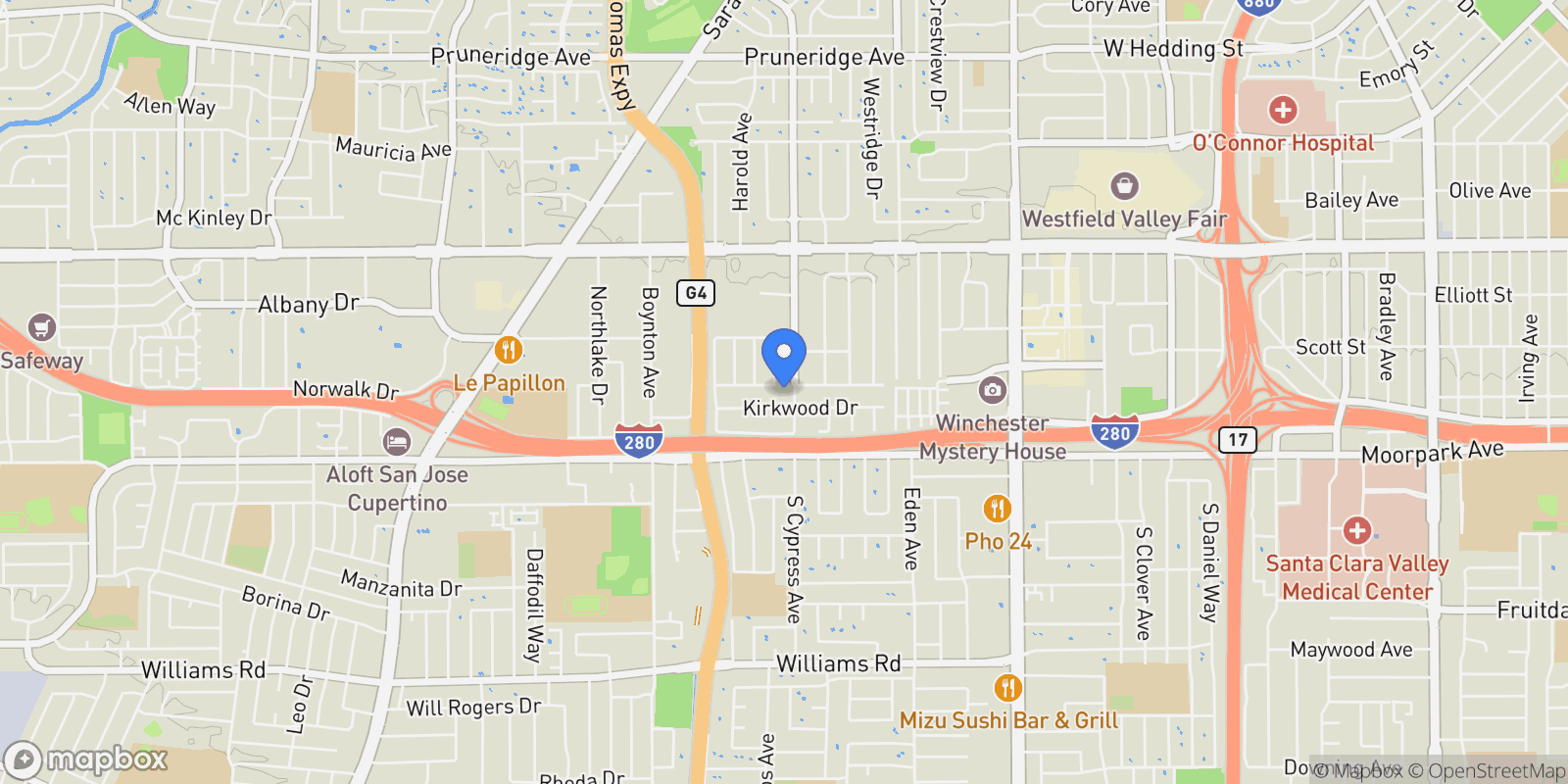 Map showing 3516 Olsen Drive, San Jose, California, United States.