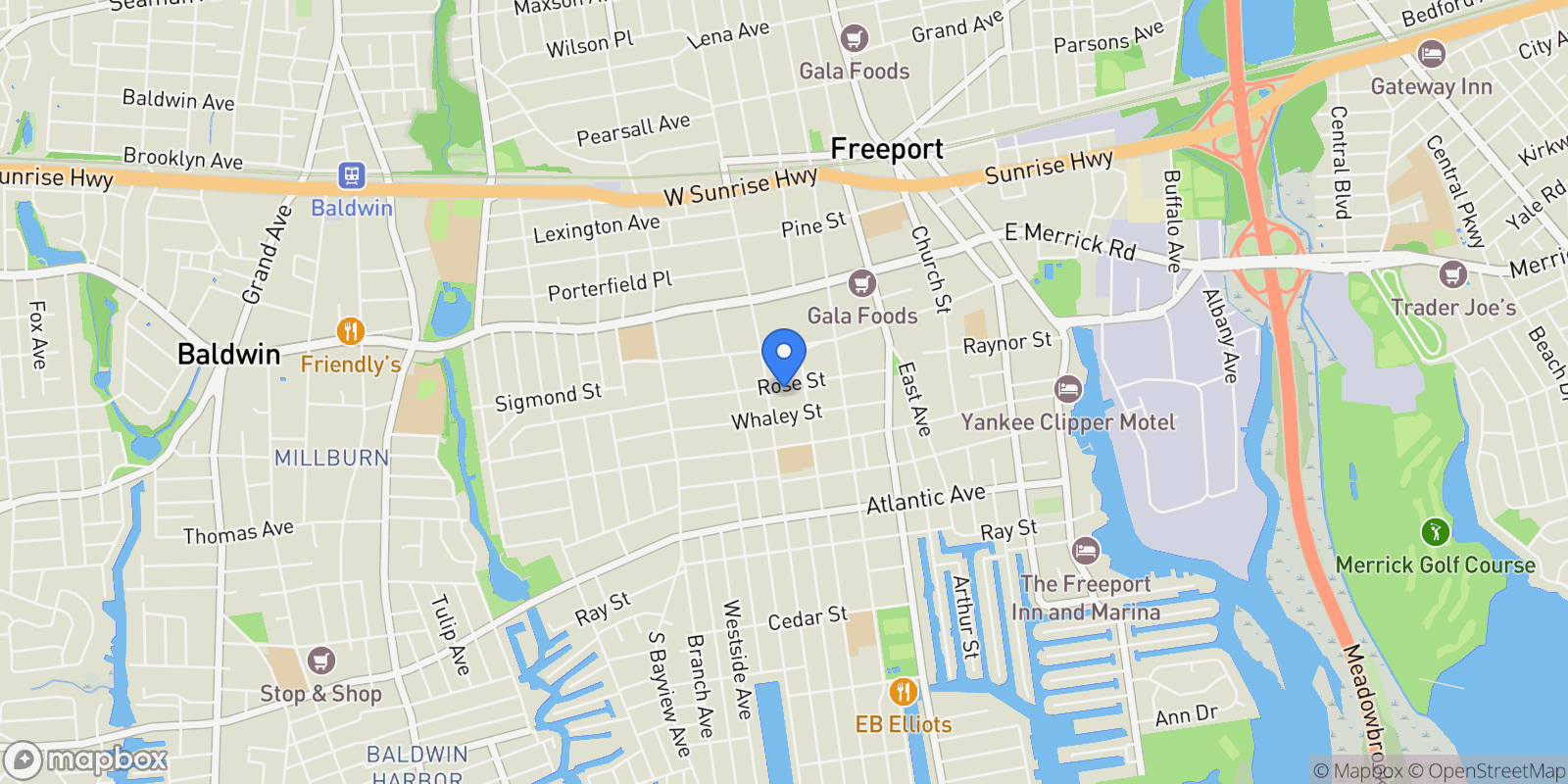 Map showing 103 Rose St., Freeport, NY 11520, Freeport, New York, United States.