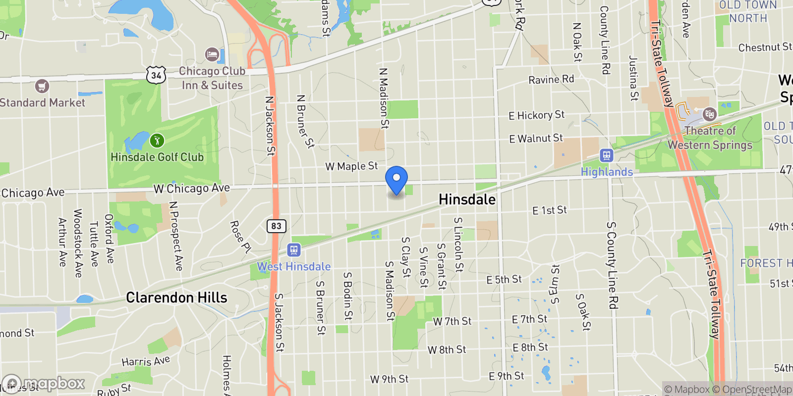 Map showing 28 S Clay Street, Hinsdale, Illinois, United States.