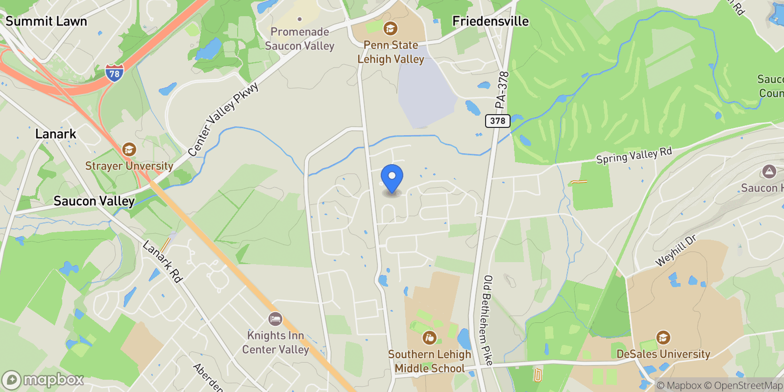 Map showing 3217 Burnham Court, Upper Saucon Twp, PA 18034, DeSales University, Pennsylvania, United States.