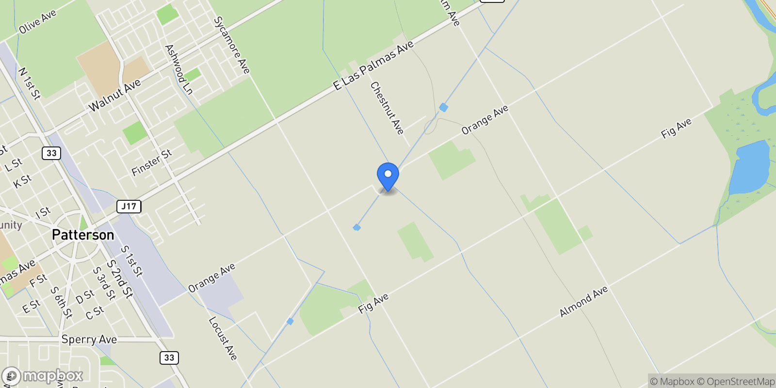 Map showing 1290 Orange Ave, Patterson, California, United States.