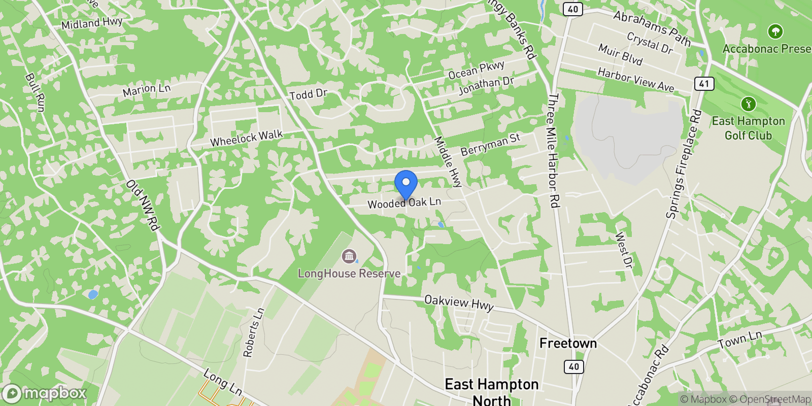Map showing Wooded Oak Lane, East Hampton, New York, United States.