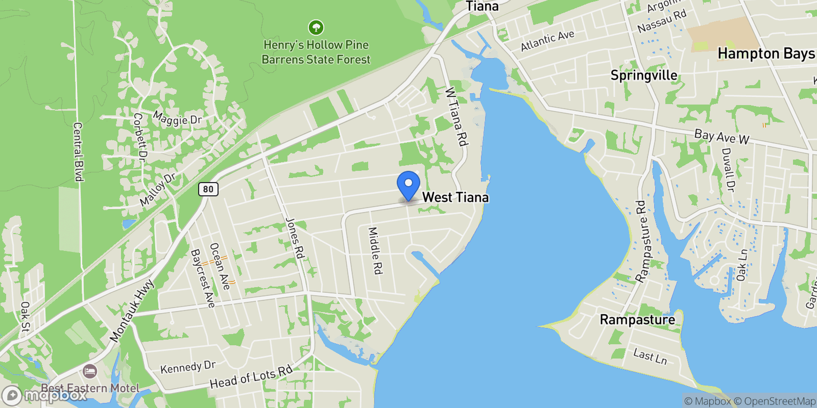 Map showing West Tiana Road, Hampton Bays, New York, United States.