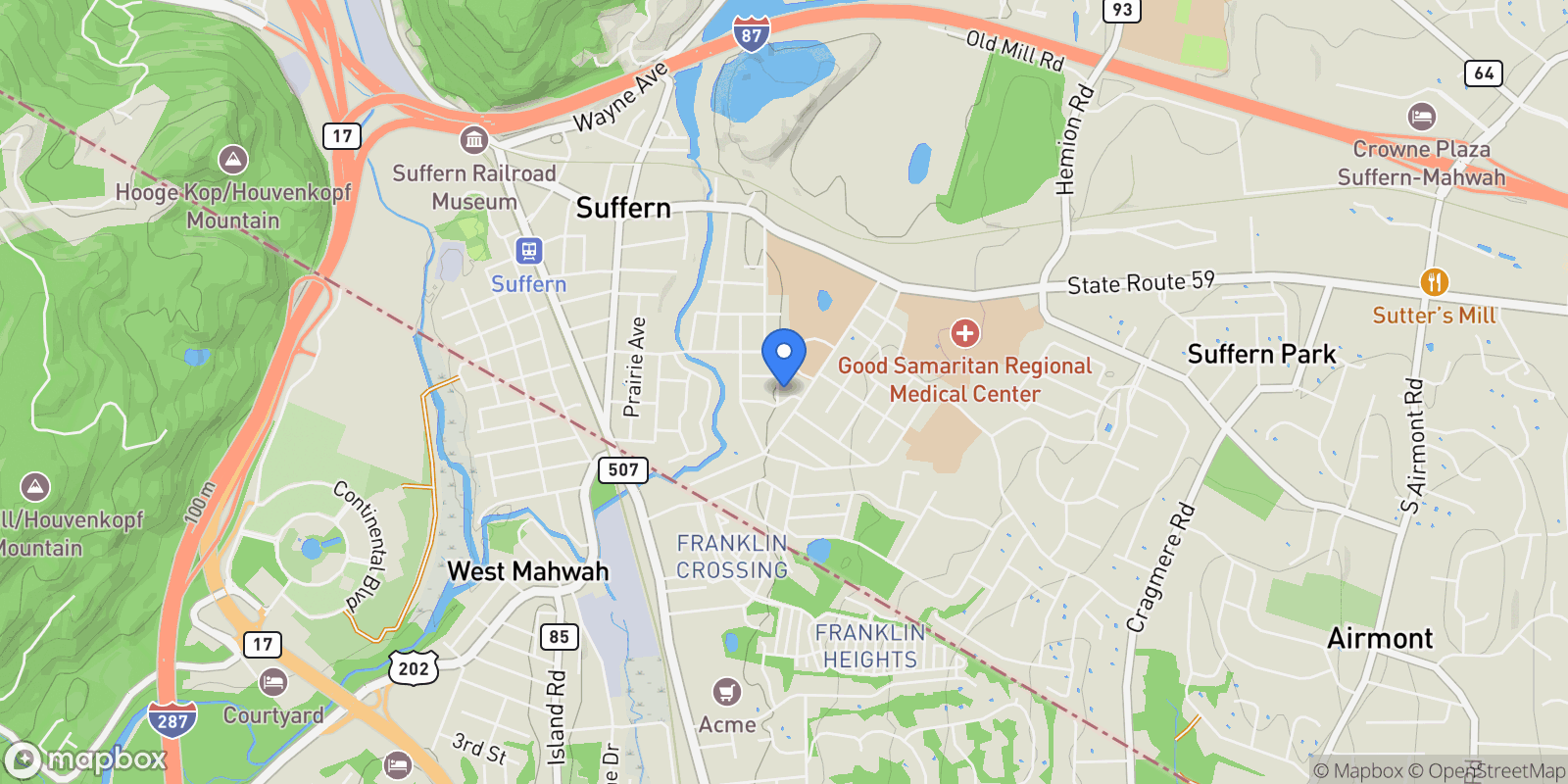 Map showing 23 Prospect Place, Suffern, NY 10901, Montebello, New York, United States.