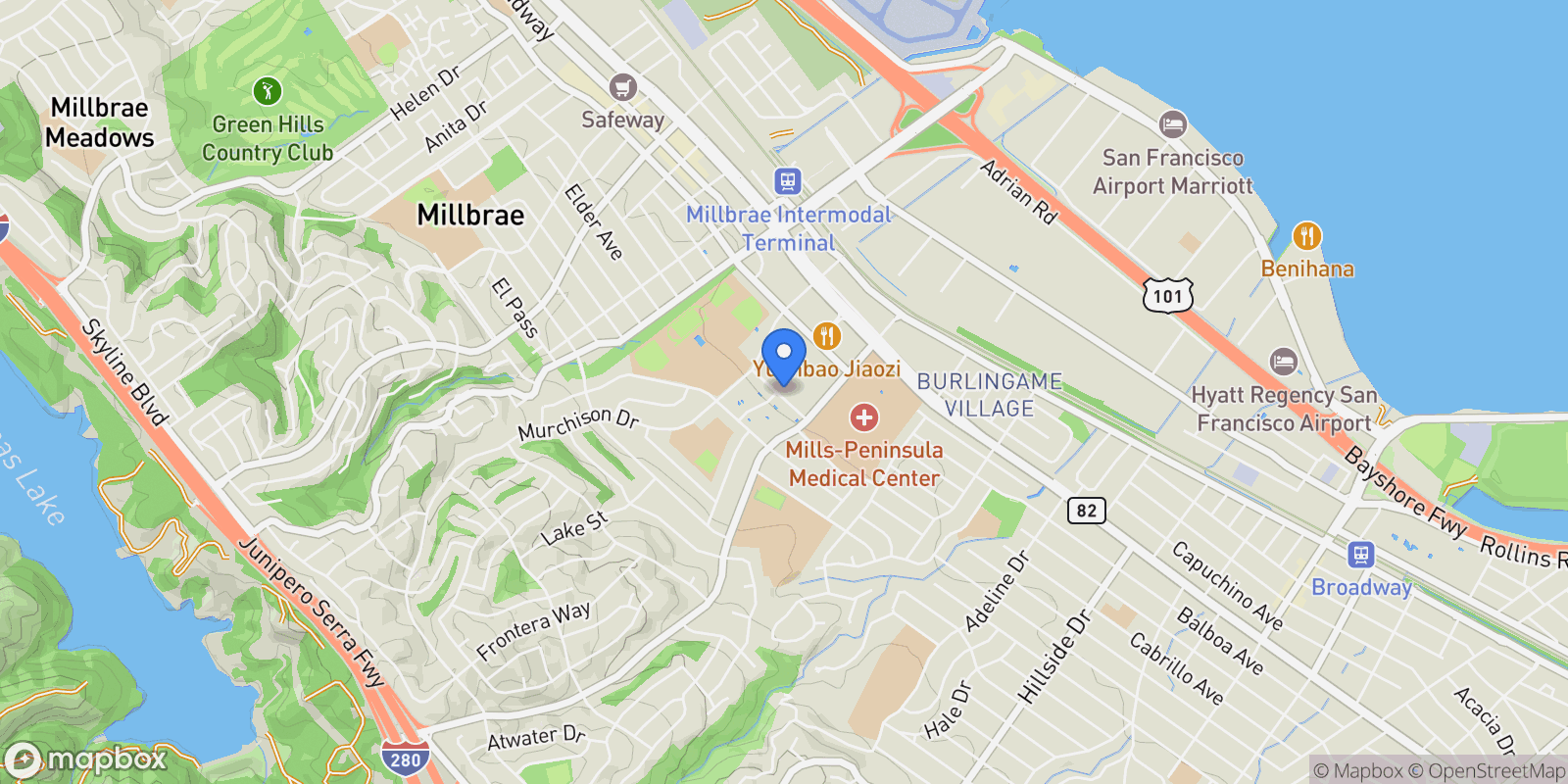 Map showing 1838 Ogden Drive, Burlingame, California, United States.