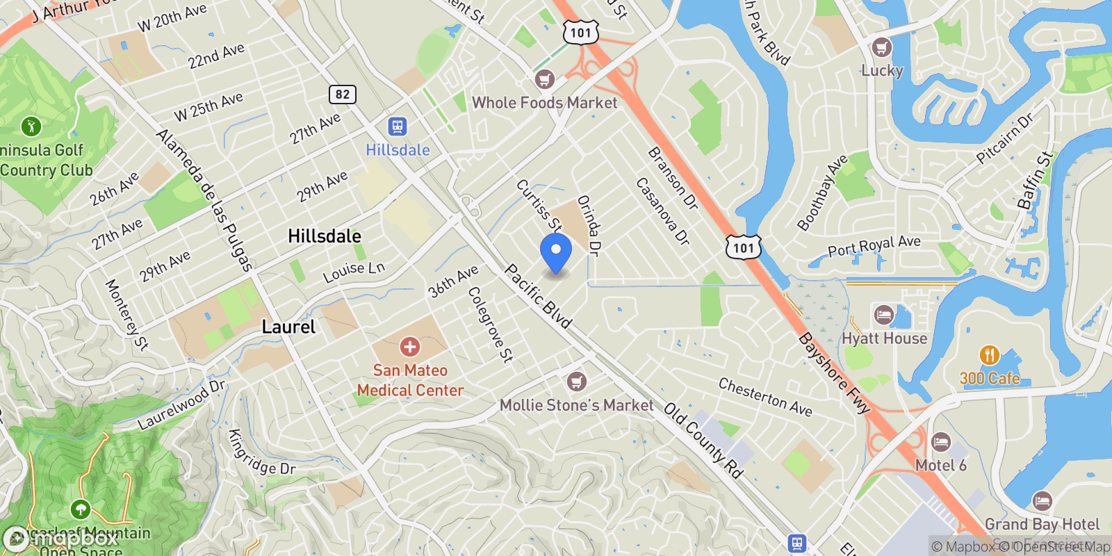 Map showing 53 E 39th Avenue, San Mateo, California, United States.
