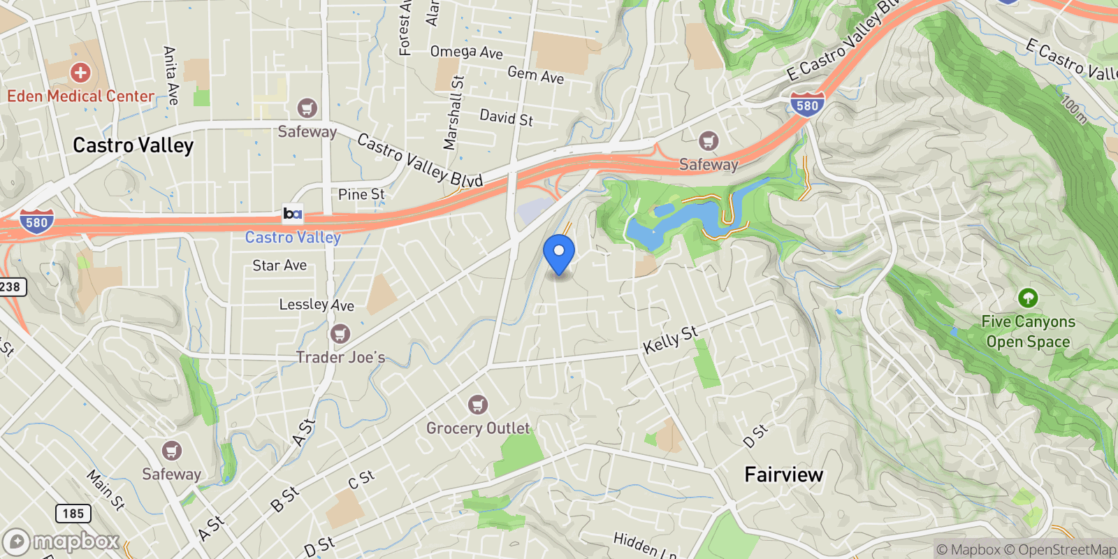 Map showing 22490 Bayview Ave, Hayward, California, United States.