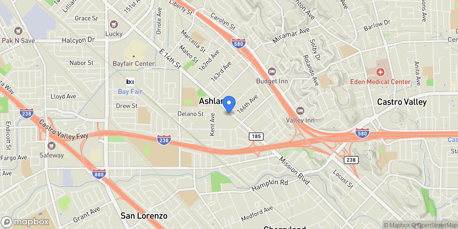Map showing 16557 E 14th Street, San Leandro, California, United States.