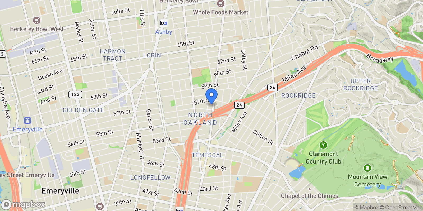 Map showing 5659 Telegraph Ave, Oakland, California, United States.