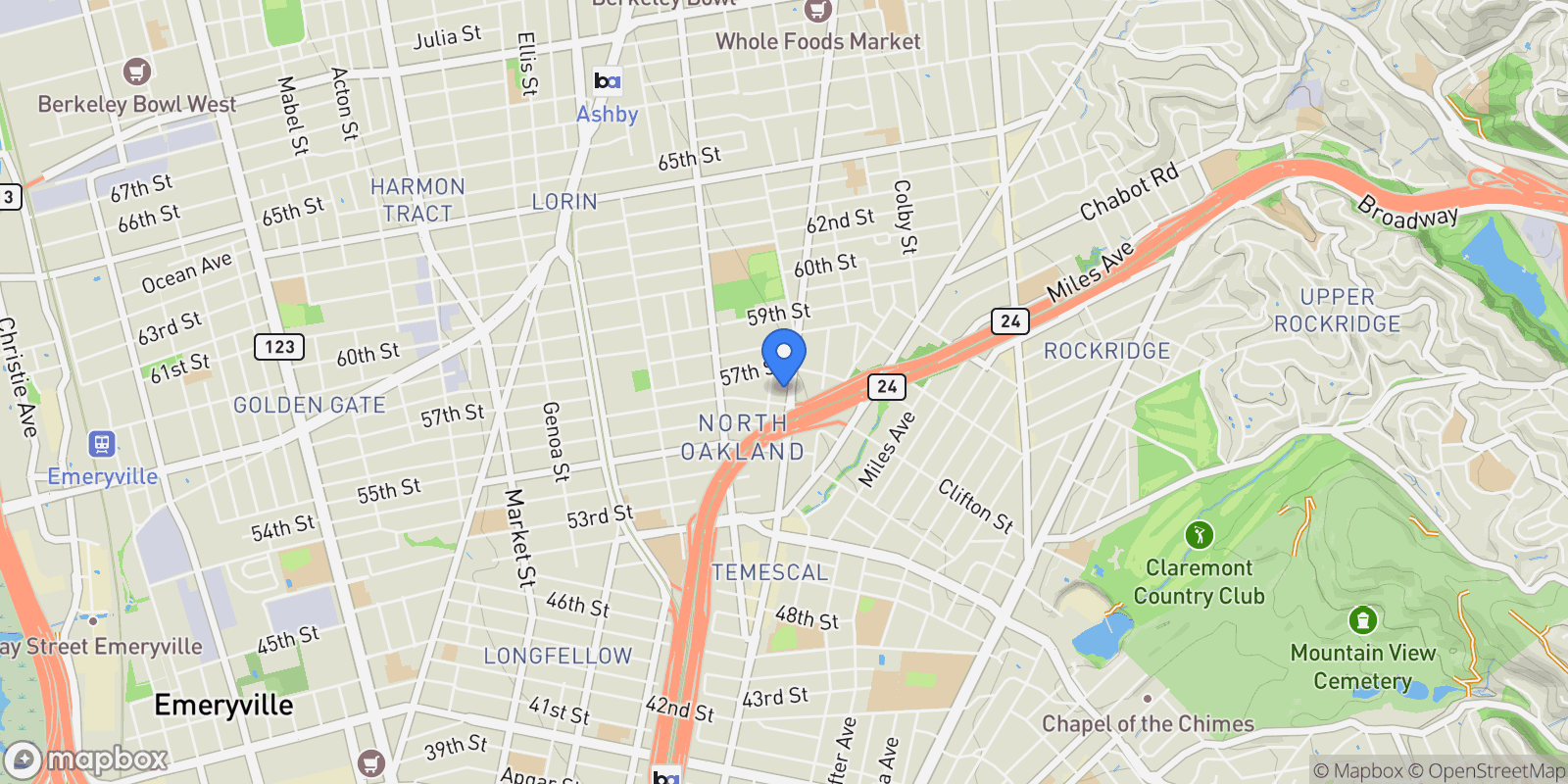 Map showing 5651 Telegraph, Oakland, California, United States.