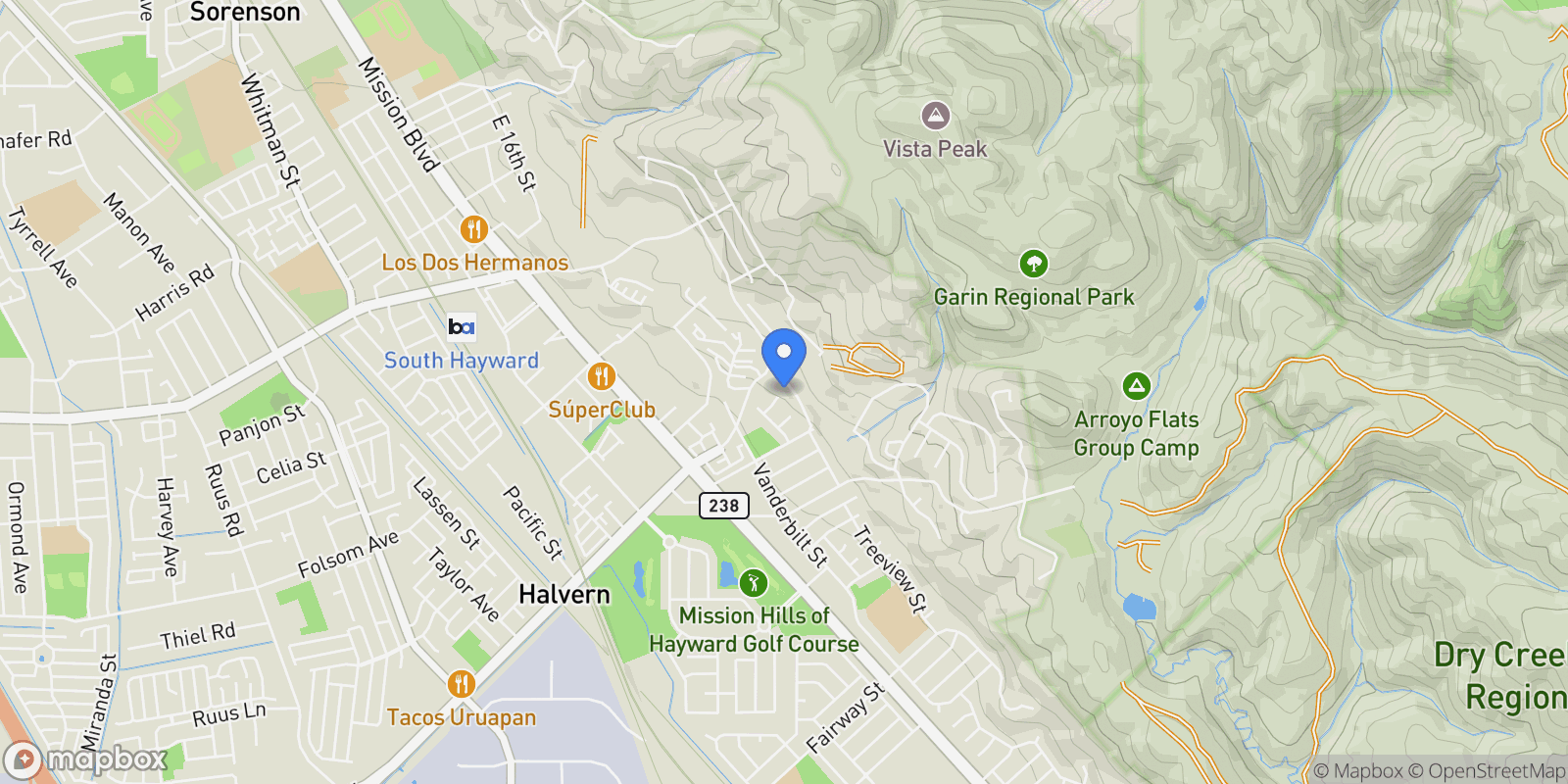 Map showing 699 Fiesta Place, Hayward, California, United States.