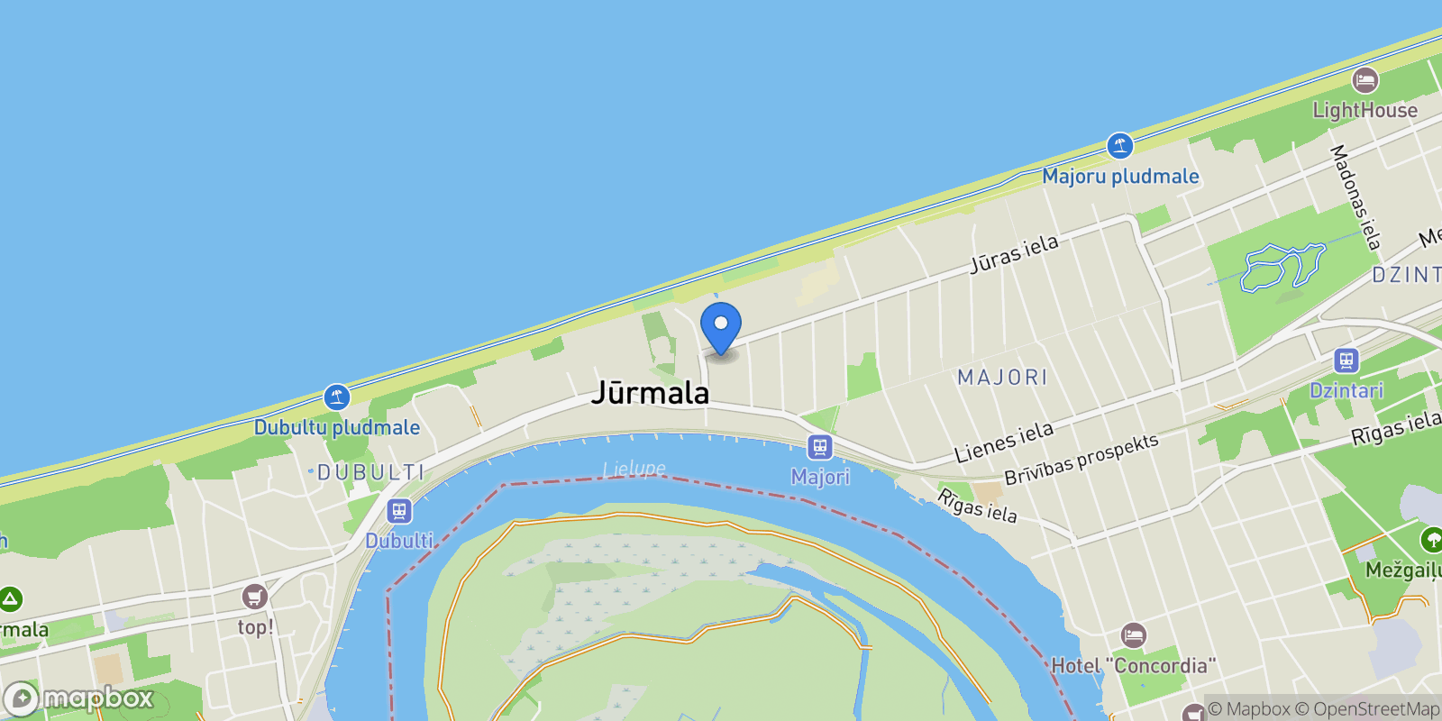 Map showing Juras Street 2, Jurmala, JUR LV-2015, Jūrmala, Latvia.