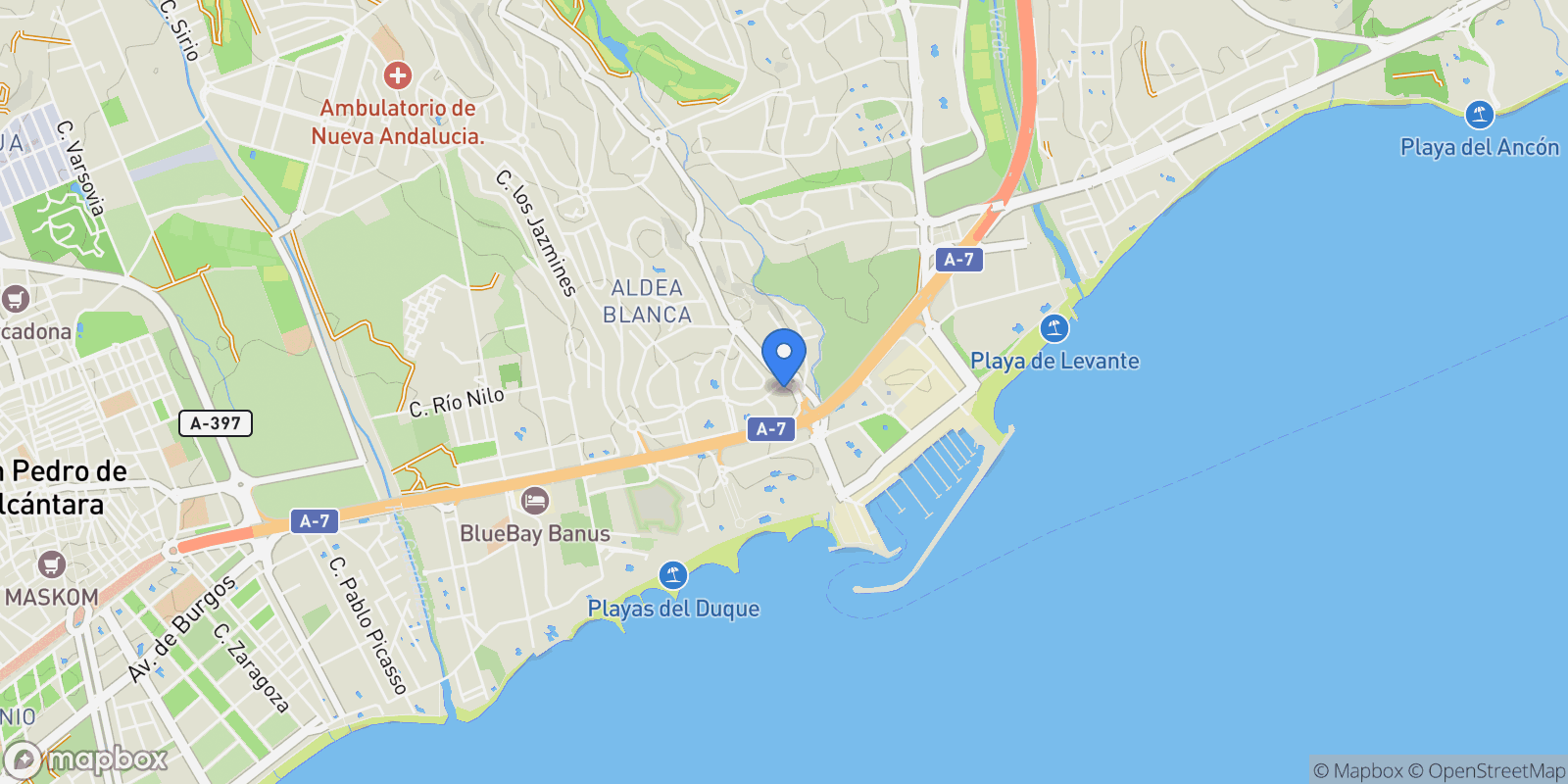 Map showing Nueva Andalucía, Marbella, Málaga, Marbella, Nueva Andalucia, Marbella, Spain.
