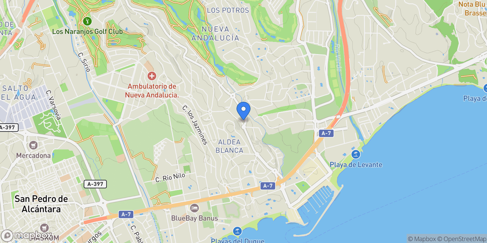 Map showing Nueva Andalucía, Marbella, Málaga, Marbella, Nueva Andalucia, Marbella, Spain.