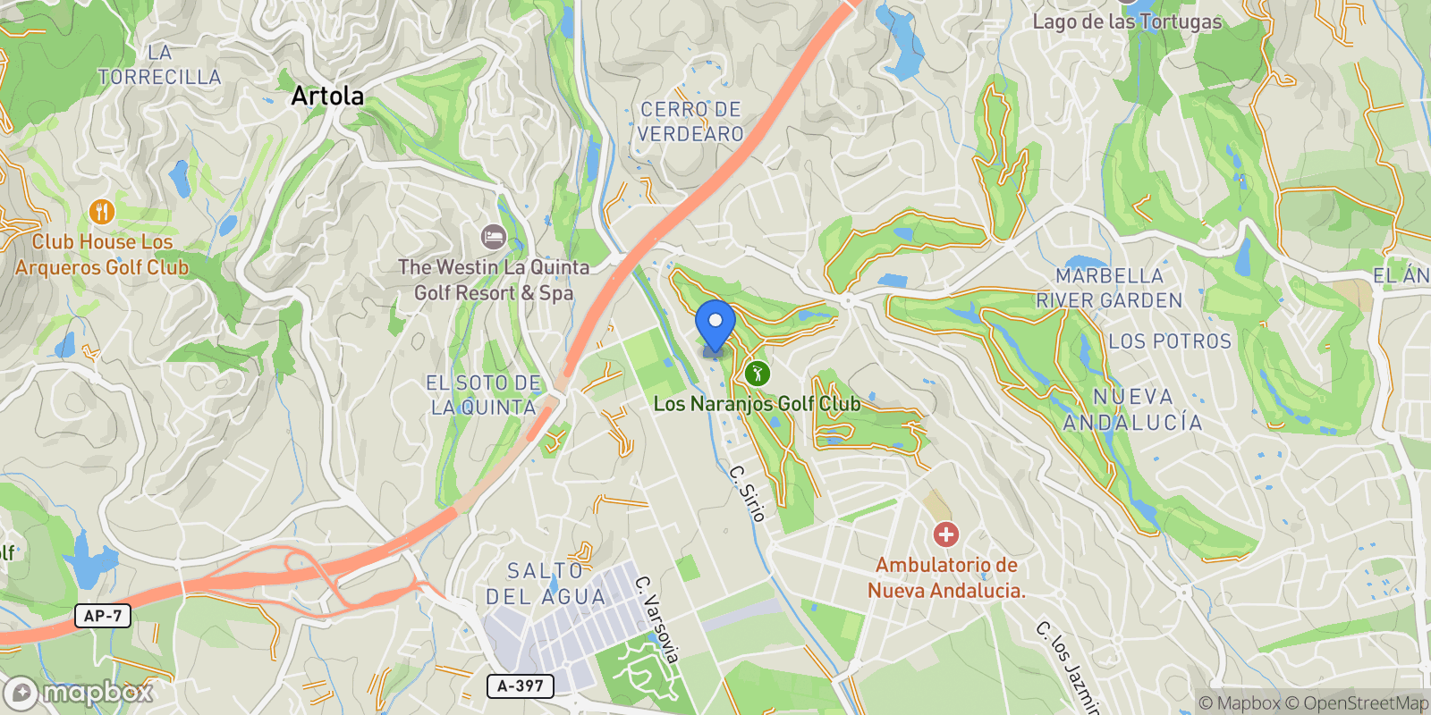 Map showing Nueva Andalucía, Marbella, Málaga, Marbella, Nueva Andalucia, Marbella, Spain.