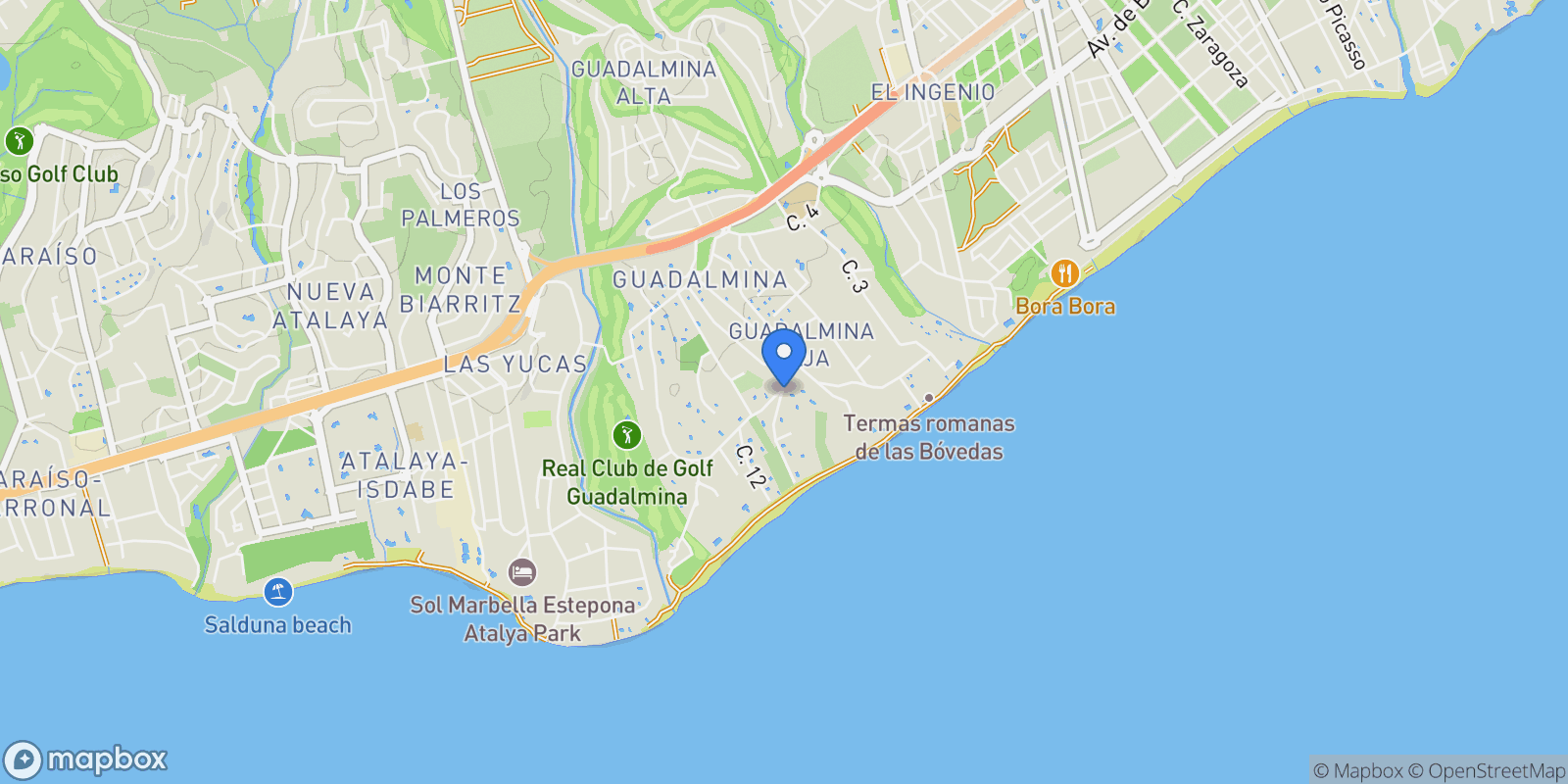 Map showing Marbella, Marbella, Málaga, Marbella, Guadalmina Baja, San Pedro de Alcantara, Spain.