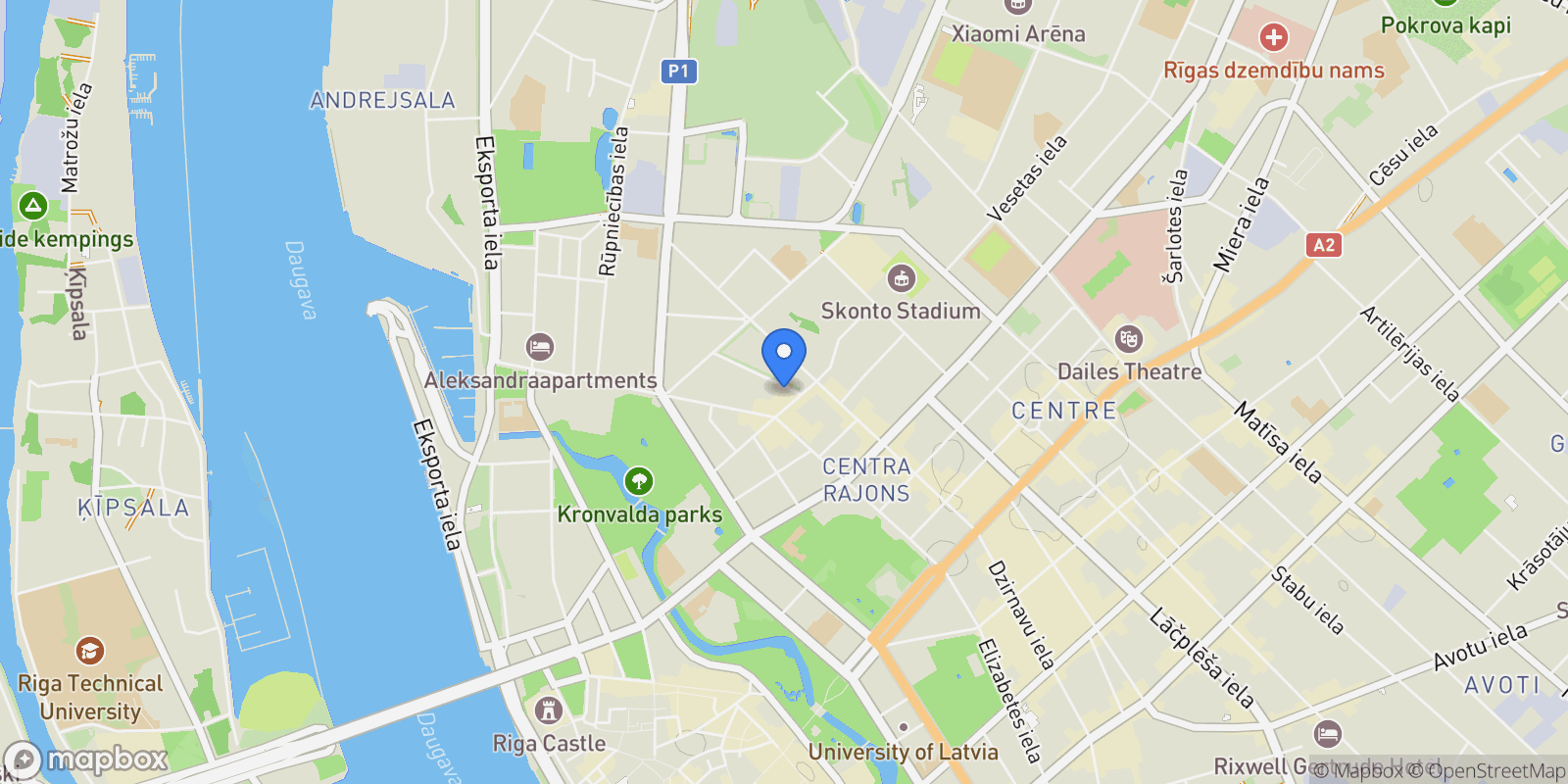 Map showing Alberta Street 1, Riga, RIX, Riga, Latvia.