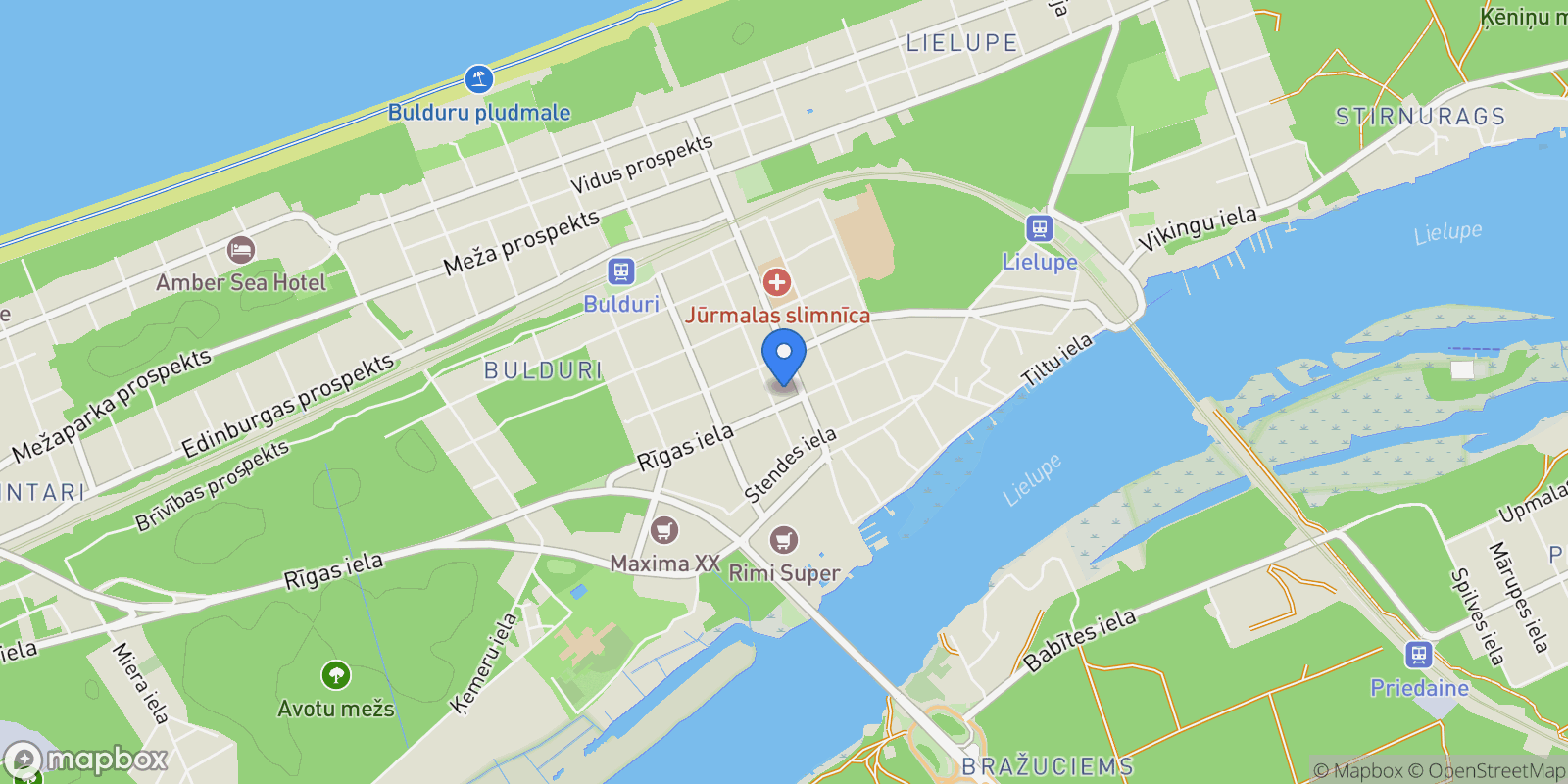 Map showing Vienibas prospekts 28, Jurmala, JUR, Jūrmala, Latvia.