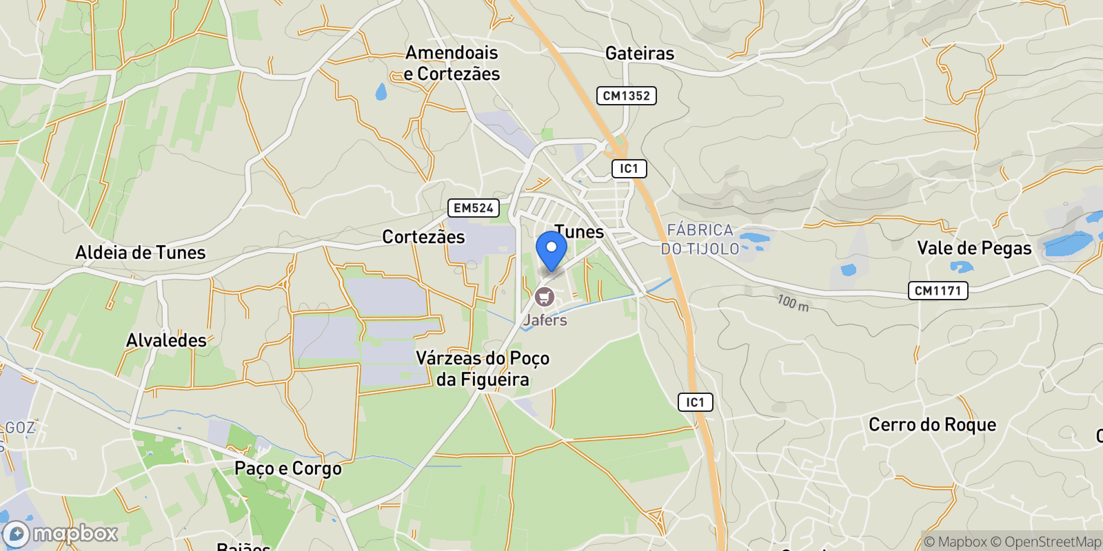 Map showing Tunes, Algarve, Algoz e Tunes, Algarve, Portugal.
