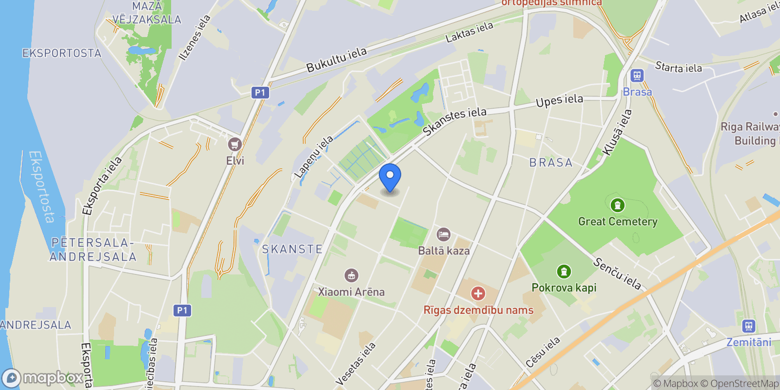 Map showing Jana Dalina street 8, Riga, RIX, Riga, Latvia.