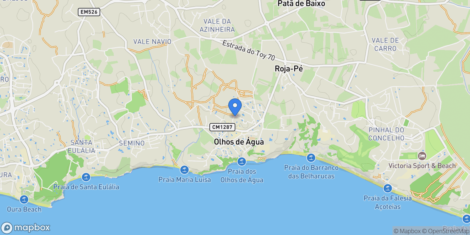 Map showing Vale da Azinheira, Algarve, Olhos de Agua, Algarve, Portugal.