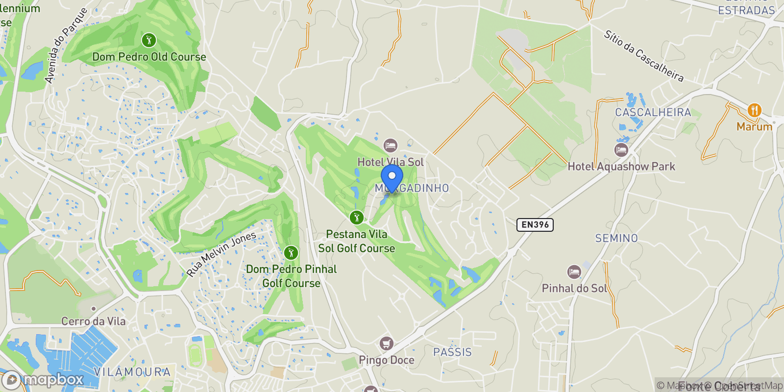 Map showing Vila Sol, 8125-307 Quarteira, Portugal, Vilamoura, Quarteira, Algarve.