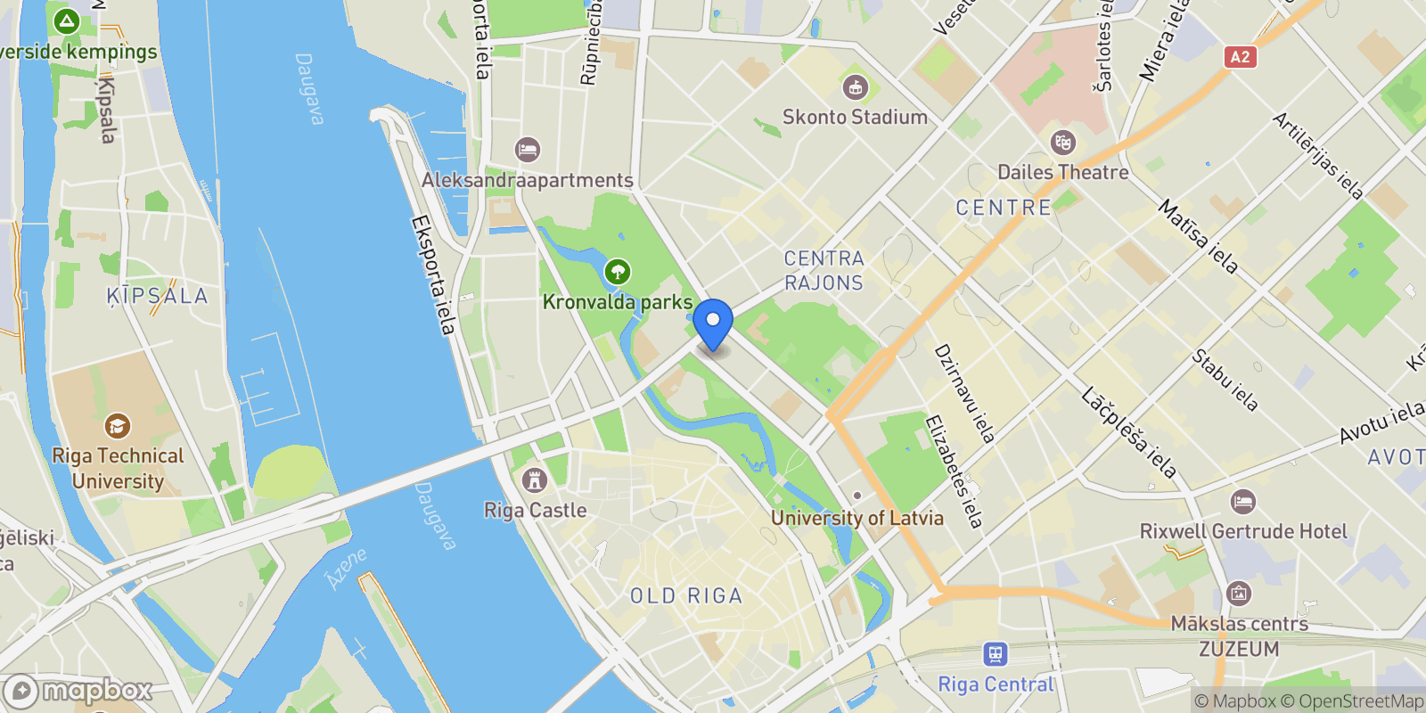 Map showing Raina Boulevard 2-11, Rīga, RIX LV-1001, Riga, Latvia.
