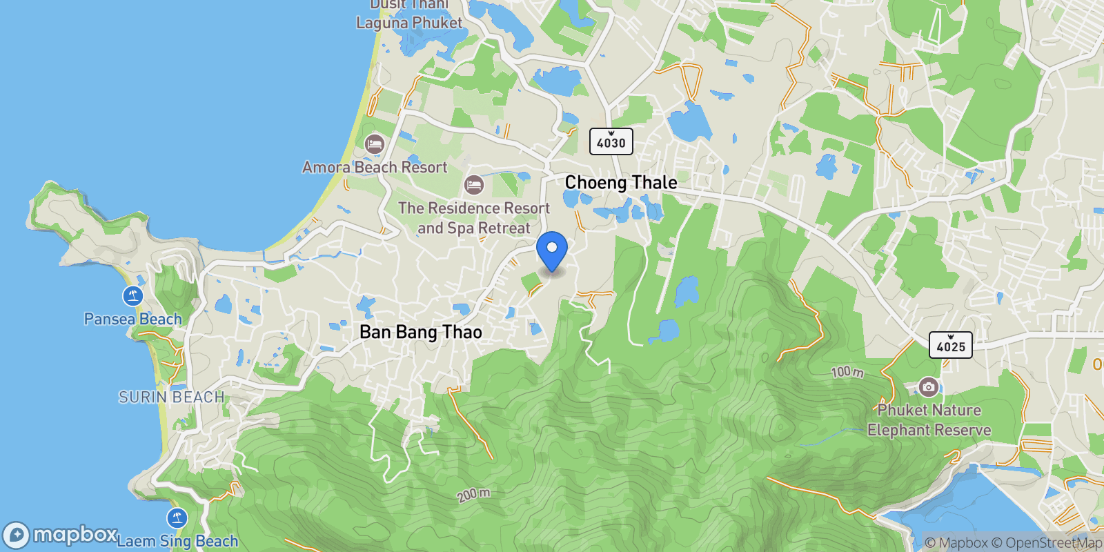 Map showing hill, Choeng Thale, Phuket, Thailand.