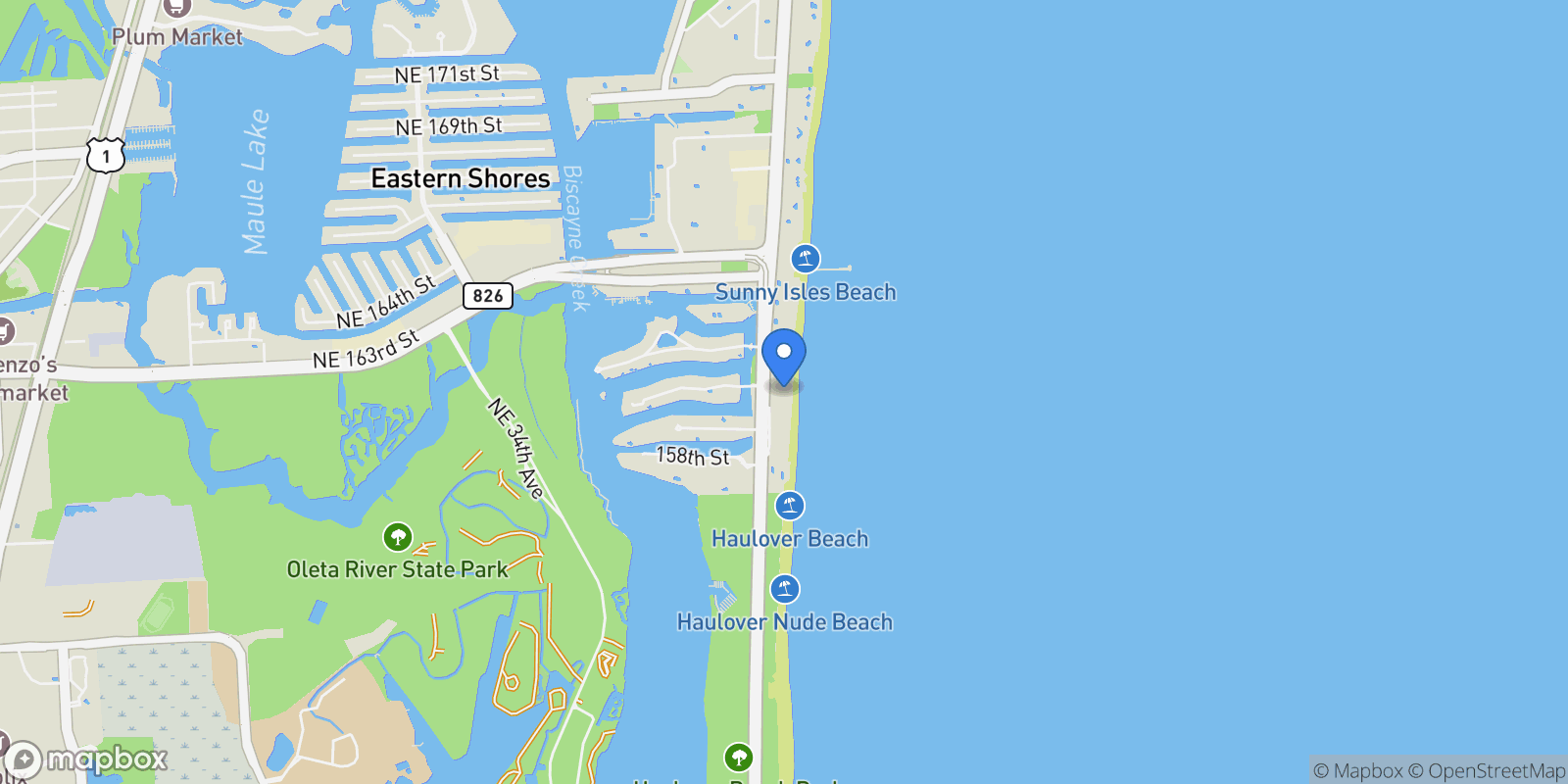 Map showing 16047 Collins Ave 1604, Golden Beach, Florida, United States.