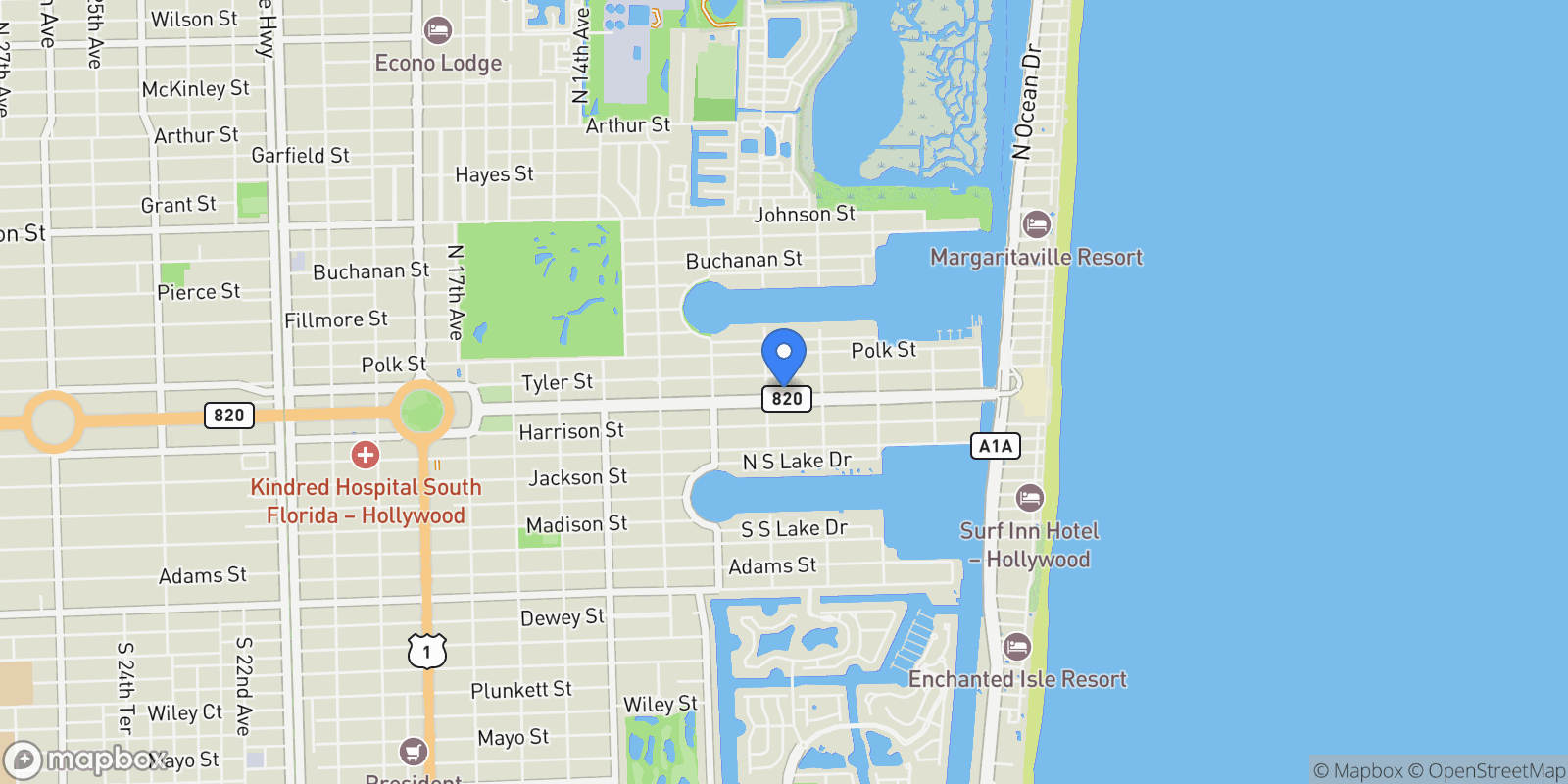 Map showing 1045 Hollywood Blvd, Hollywood, Florida, United States.