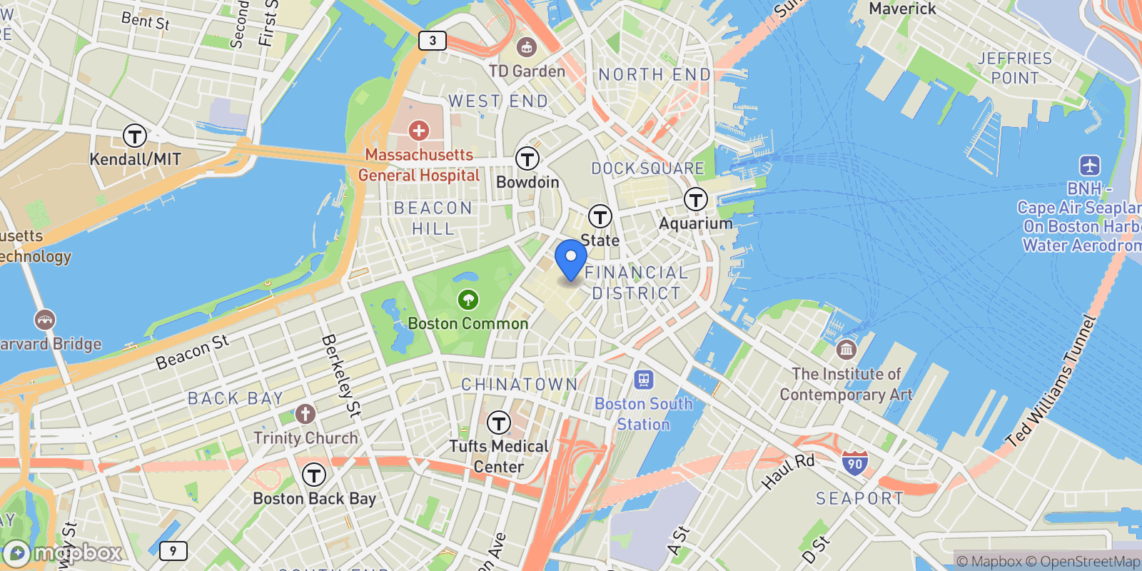 Map showing 1 Franklin Street Unit 3907, Boston, MA 02110, Boston, Massachusetts, United States.