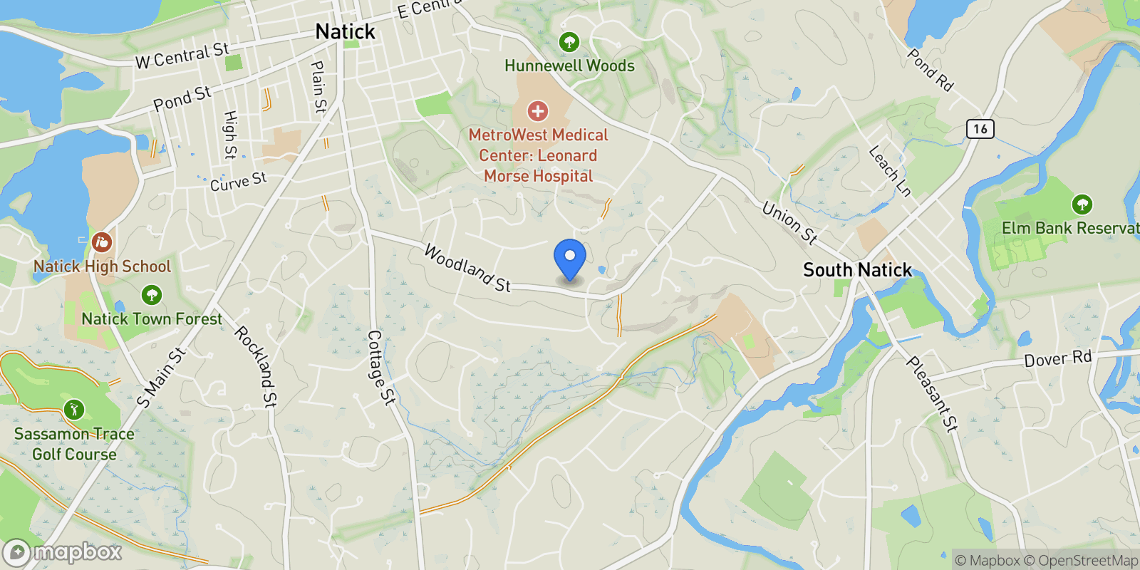 Map showing 94 Woodland St , Natick, MA 01760, Wayland, Massachusetts, United States.