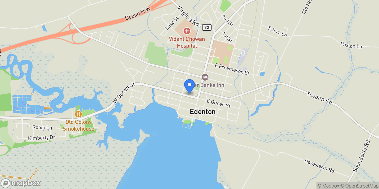 Map showing 116 W Queen St, Edenton, NC 27932, Edenton, North Carolina, United States.