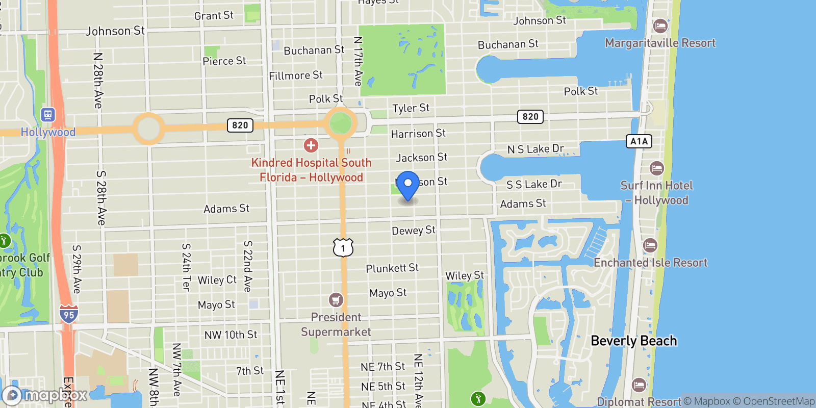 Map showing 1513 Adams Street, Hollywood, FL 33020, Hollywood, Florida, United States.