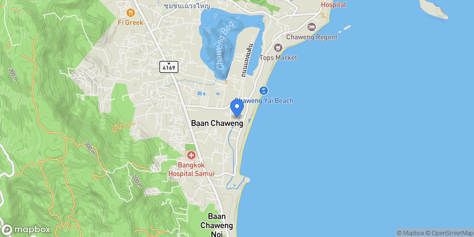 Map showing Chaweng Beach Tambon Bo Put, Amphoe Ko Samui, Chang Wat Surat Thani 84320, Thailand, Koh Samui, Surat Thani, Thailand.