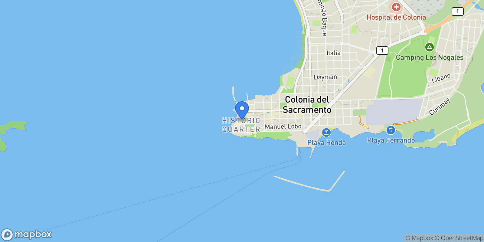 Map showing Calle comercio, Colonia, Colonia del Sacramento, Colonia Department, Uruguay.