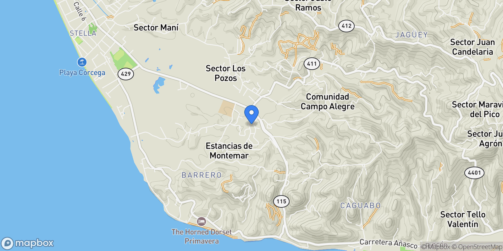 Map showing Rincon CARR 115 KM HM 8.7, Stella, Rincón, Puerto Rico.