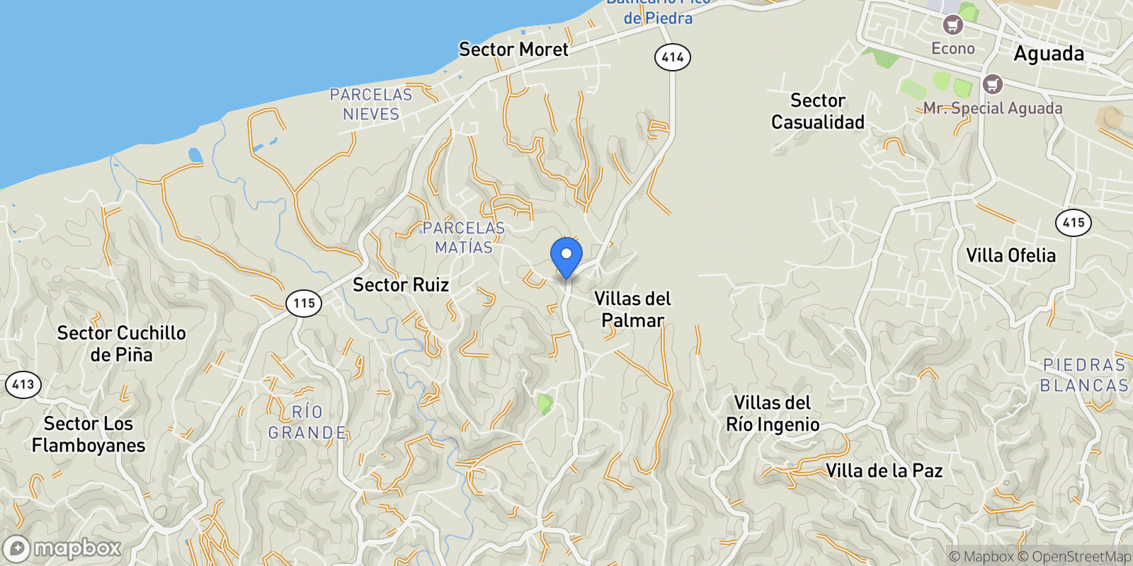Map showing Aguada CARR 414 KM 6.0, Aguada, Puerto Rico.