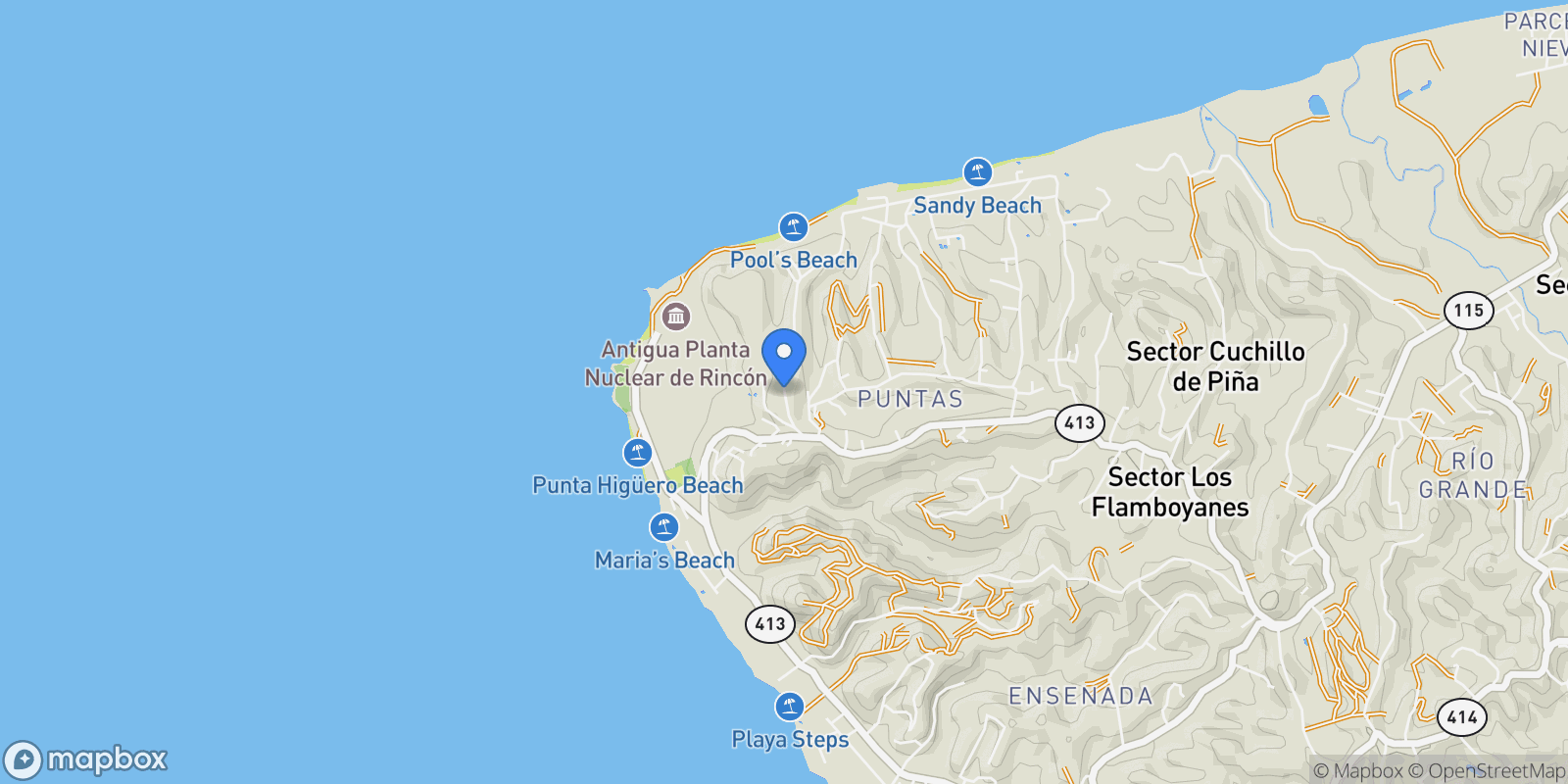 Map showing Rincon CARR 413 RAMAL 0, Aguada, Aguada, Puerto Rico.