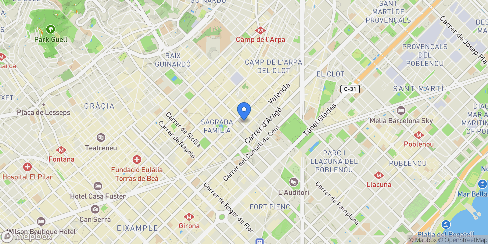 Map showing La Sagrada Família, Barcelona, BARCELONA, Barcelona, Eixample, Barcelona, Spain.