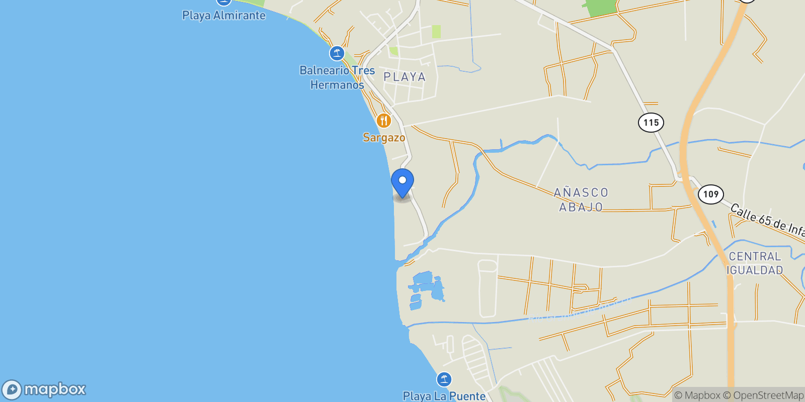 Map showing Añasco CARR 401 Km 2.5, La Playa, Añasco, Puerto Rico.