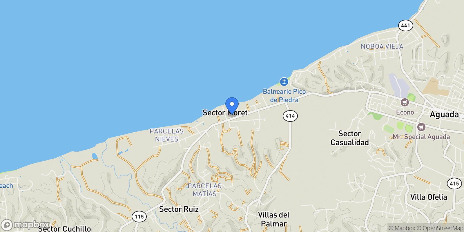 Map showing Aguada CARR 115 KM 19.8, Aguada, Aguada, Puerto Rico.