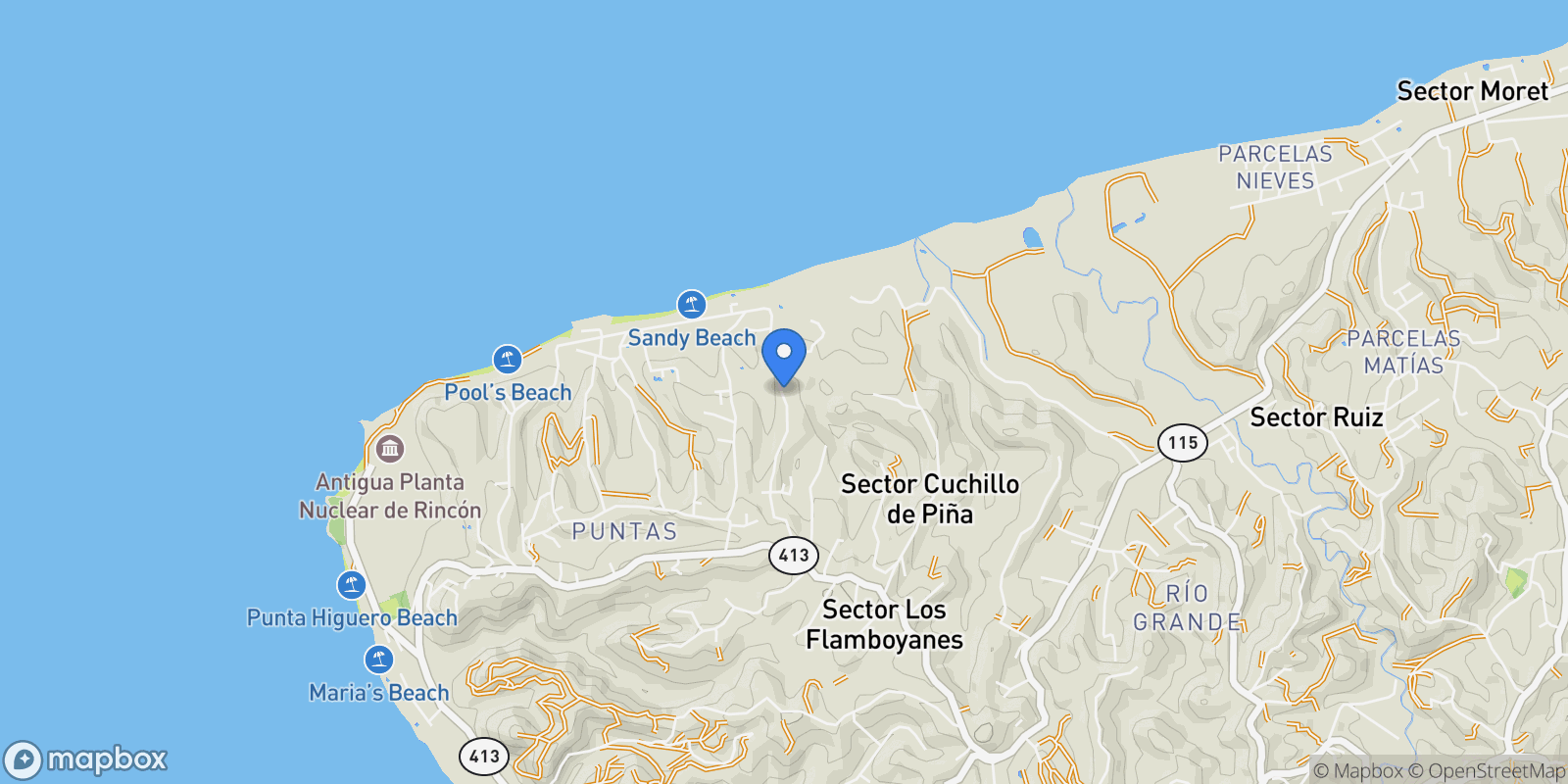 Map showing Rincon CARR 413 KM 4.7 Int, Aguada, Aguada, Puerto Rico.