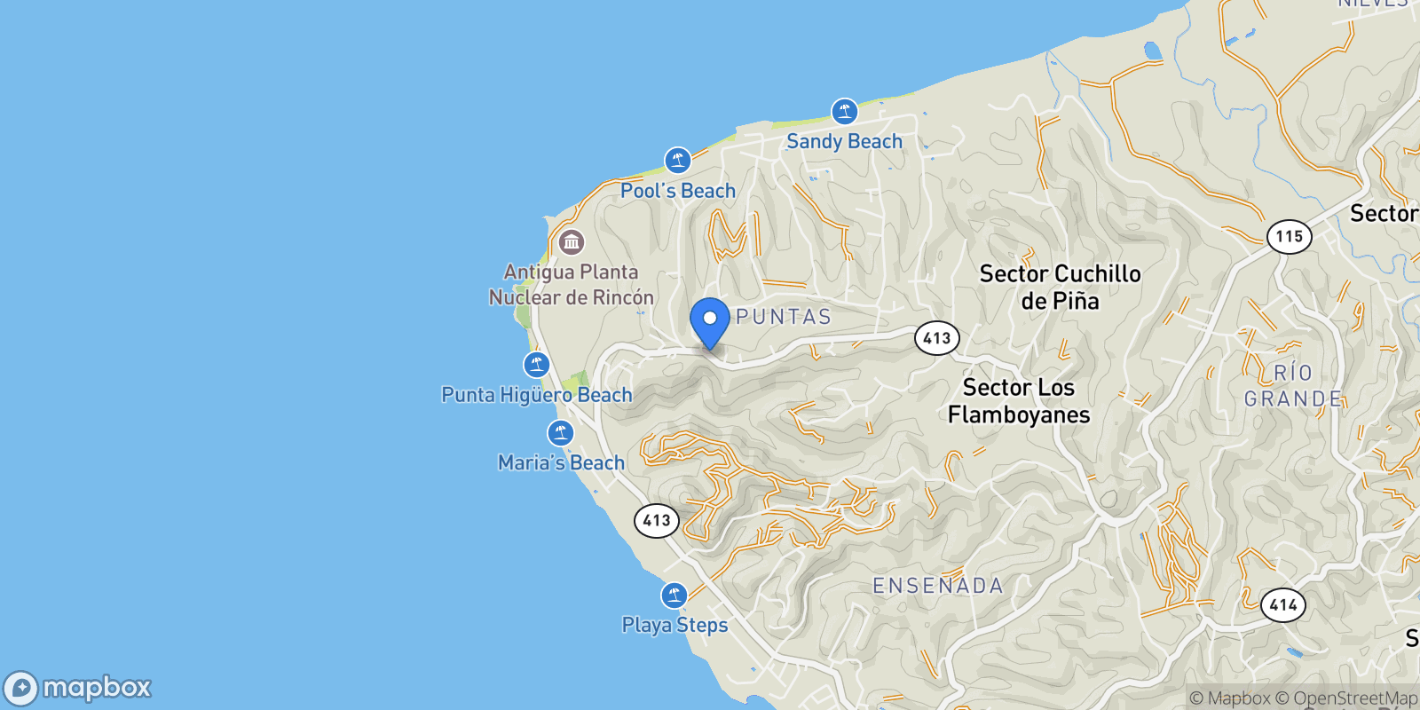 Map showing Rincon CARR 413 Km 3.5, Aguada, Rincón, Puerto Rico.
