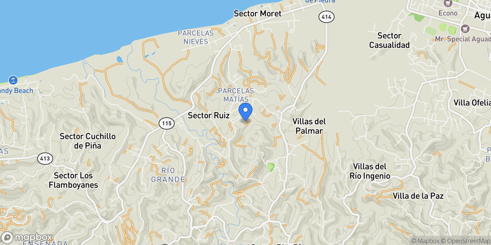 Map showing Aguada CARR 115 SECTOR JUAN MUÑIZ 0, Aguada, Aguada, Puerto Rico.