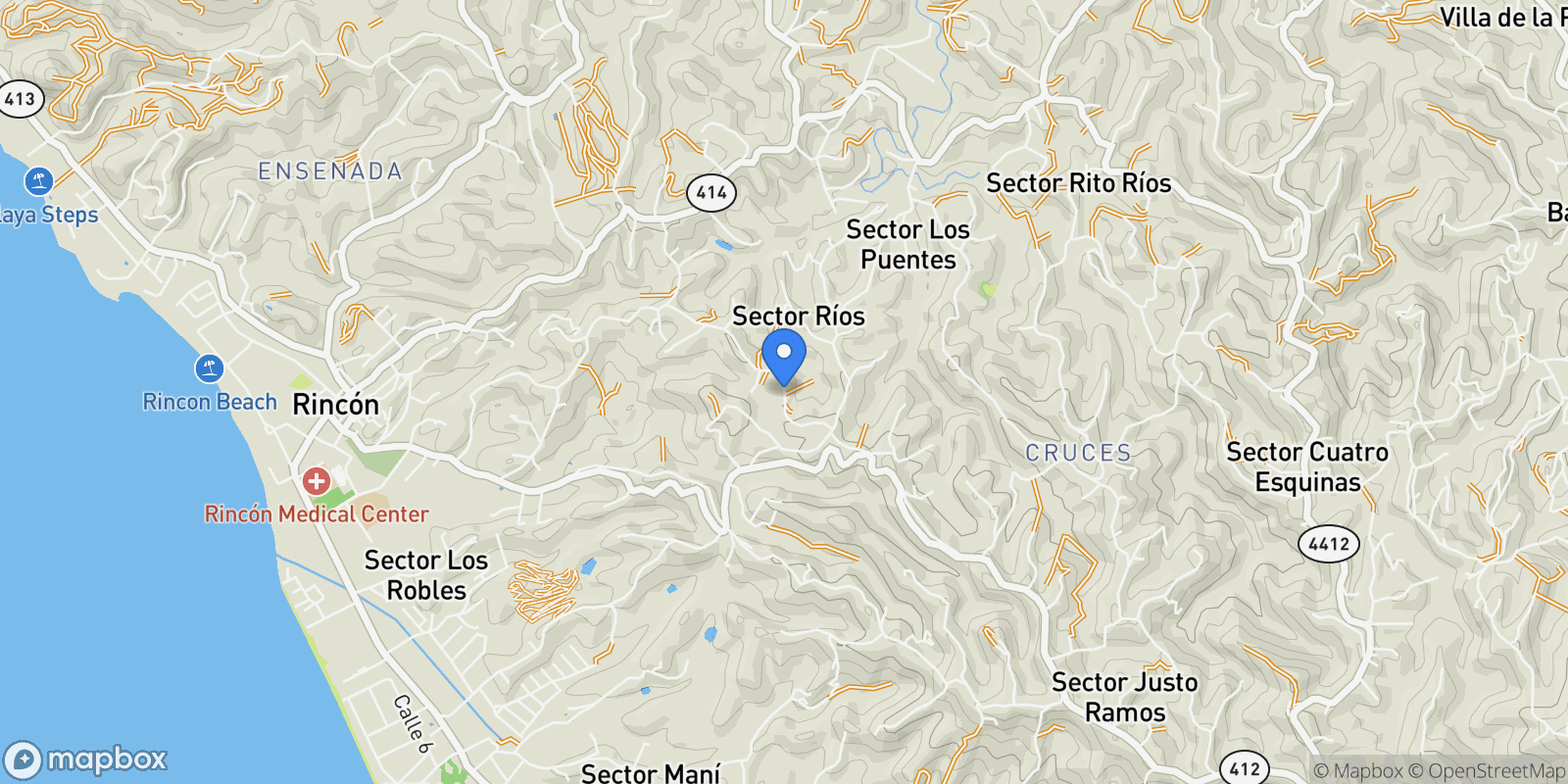 Map showing Rincon CARR 412 KM 0.8 Int, Aguada, Aguada, Puerto Rico.