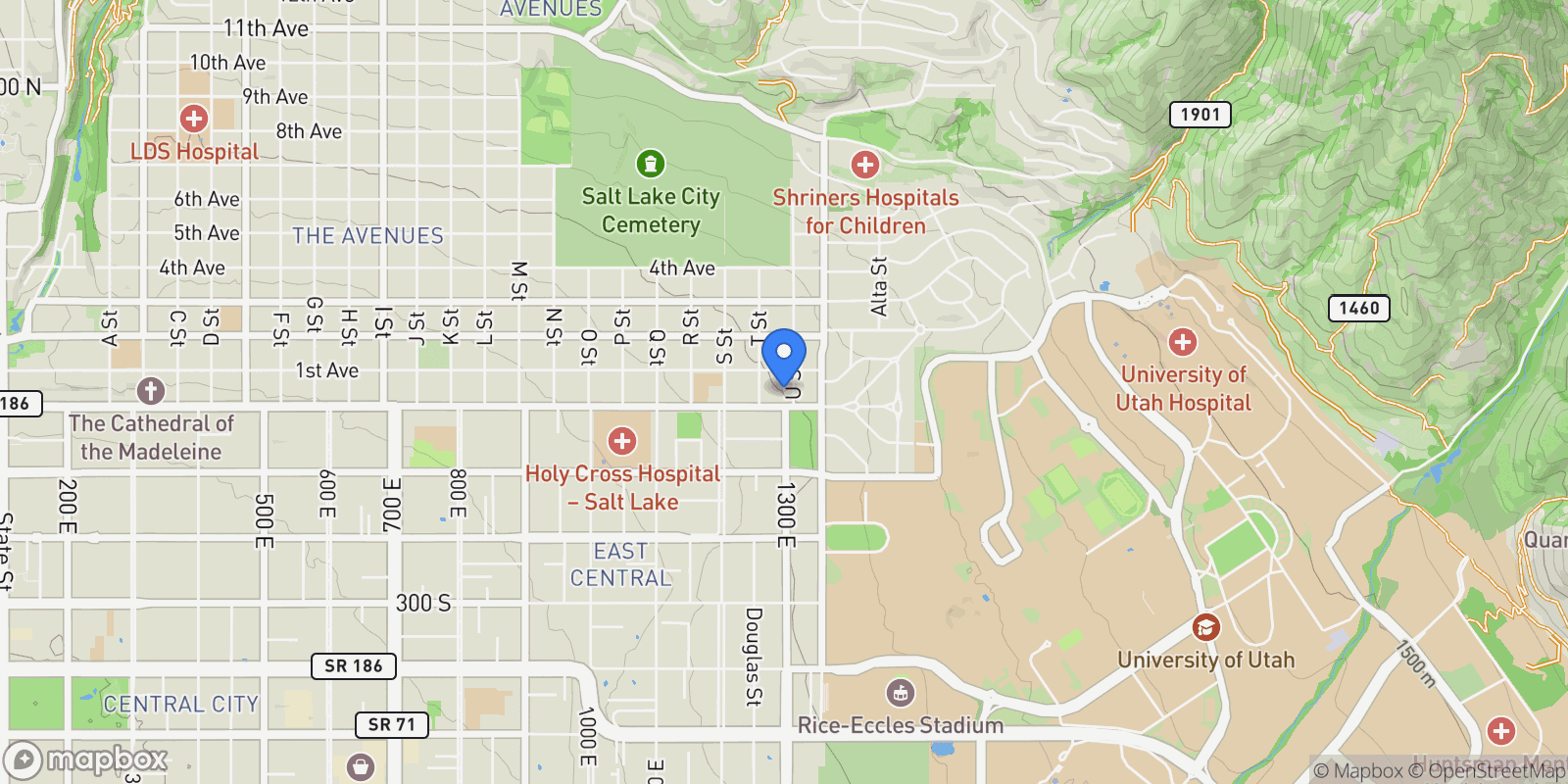 Map showing 1283 E South Temple Unit 402, Salt Lake City, UT 84102, Salt Lake City, Utah, United States.