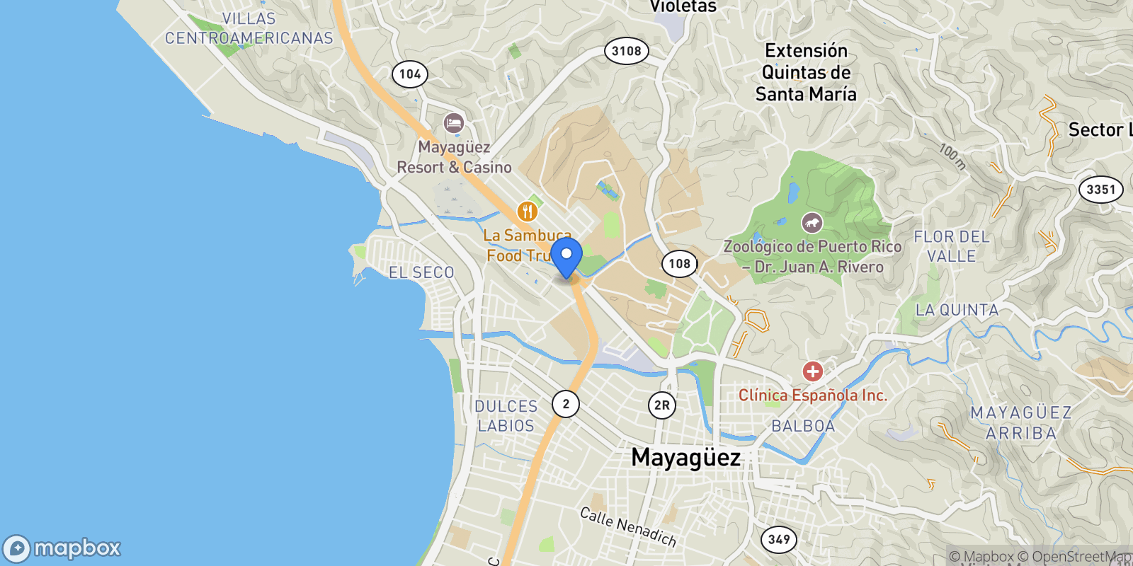 Map showing Mayaguez URB. ENSANCHE RAMIREZ MAYAGUEZ, 5 5, PISCINA, TERRAZAS, C/A, 256, Mayagüez, Mayagüez, Puerto Rico.