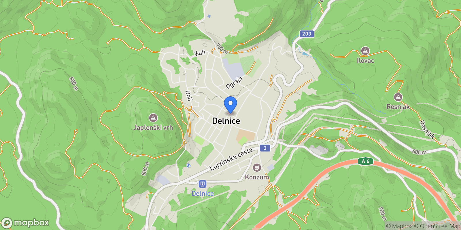 Map showing Grad Delnice, Primorje-Gorski Kotar County, Croatia.
