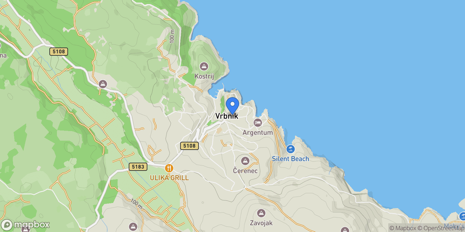 Map showing Vrbnik, Primorje-Gorski Kotar County, Croatia.